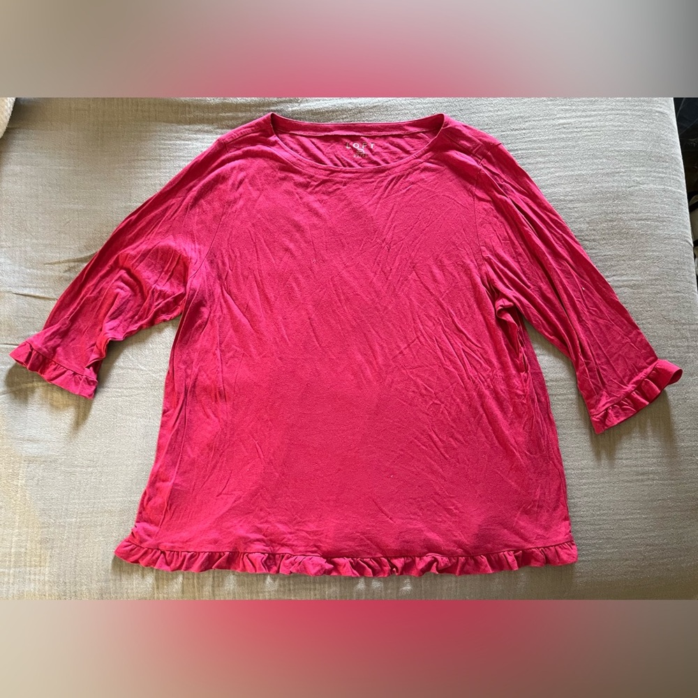 LOFT 3/4 sleeve rose red/deep pink cotton/modal ruffle edge tee top 20/22 2X